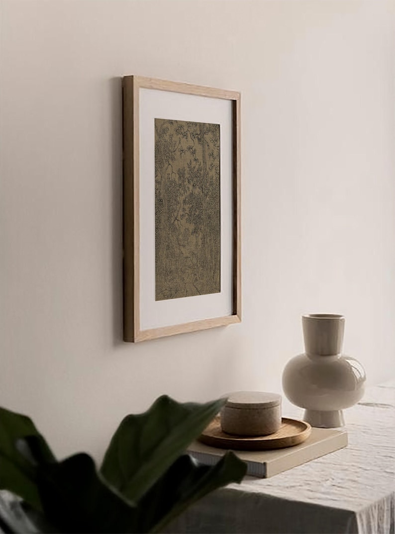 Ink sketch vintage wall art, Antique classic sketch, Farmhouse moody wall art, Vintage textile wall art print, Woodland landscape drawing image 5