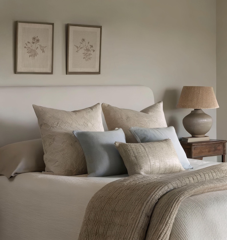 Puede incluir: Un dormitorio con una cama adornada con cojines en tonos beige y azul claro, una manta tejida y una colcha a juego. Dos grabados bot&aacute;nicos enmarcados cuelgan sobre la cama. Una l&aacute;mpara con pantalla tejida descansa sobre una mesita de noche de madera.
