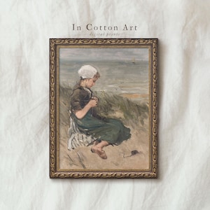 Vintage French Nursery Art Print / Girls Room Neutral Beach Painting / Antique Child Portrait / Soft Oil Painting Digital Download | P173