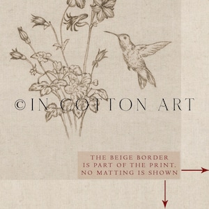Puede incluir: Impresi&oacute;n beige con una ilustraci&oacute;n en tonos sepia de un colibr&iacute; en vuelo y flores. El texto "&copy; IN COTTON ART" est&aacute; en la parte inferior. Tambi&eacute;n est&aacute; presente el texto "THE BEIGE BORDER IS PART OF THE PRINT. NO MATTING IS SHOWN". Tema bot&aacute;nico.