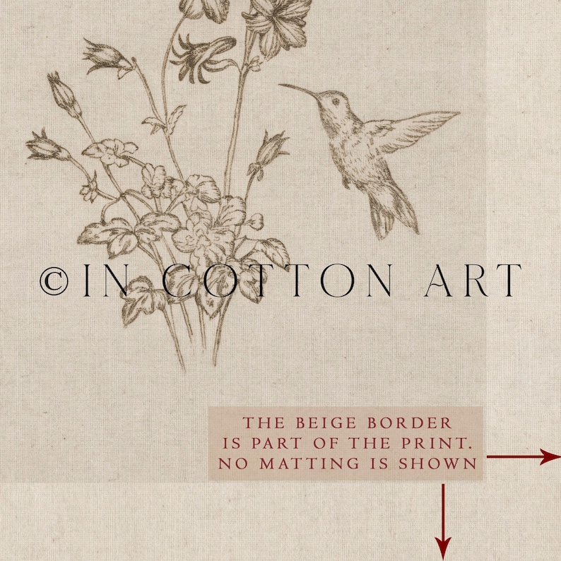 Puede incluir: Impresi&oacute;n beige con una ilustraci&oacute;n en tonos sepia de un colibr&iacute; en vuelo y flores. El texto "&copy; IN COTTON ART" est&aacute; en la parte inferior. Tambi&eacute;n est&aacute; presente el texto "THE BEIGE BORDER IS PART OF THE PRINT. NO MATTING IS SHOWN". Tema bot&aacute;nico.