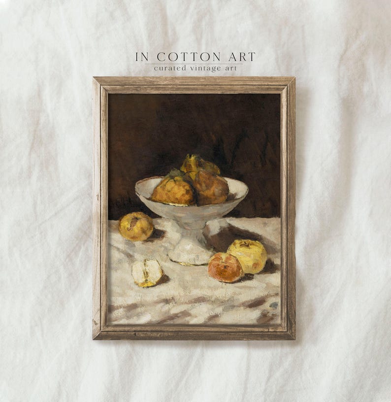 Impression de peinture à l'huile de mauvaise humeur de nature morte vintage avec des poires et des pommes/Décor d'étagères de cuisine de cottage moderne/Art fruitier rustique IMPRIMABLE | P225 image 5