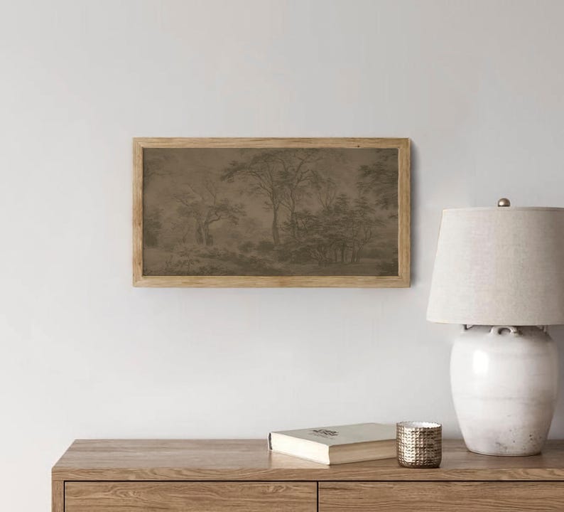 Antieke humeurige donkere bosrijke kunstprint / vintage moderne abstracte bosschildering / panoramisch rustiek landschapsmuurkunst boven bed | P150 afbeelding 7