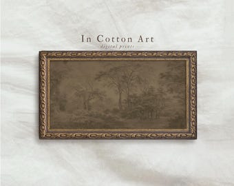 Impresión artística antigua de un bosque oscuro y melancólico / Pintura abstracta moderna vintage de un bosque / Arte de pared con paisaje rústico panorámico sobre la cama / P150
