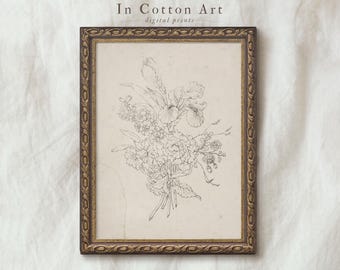 Vintage Bouquet Drawing PRINTABLE / Antique Botanical Sketch Print / Neutral Farmhouse Decor | D40