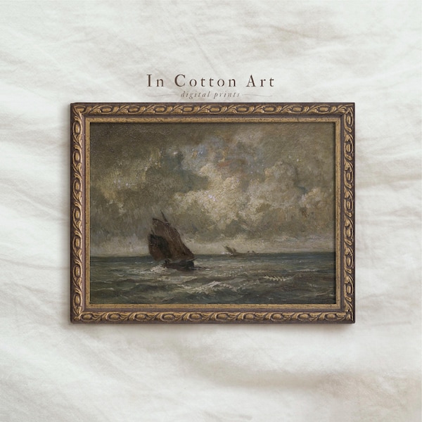 Vintage Moody Seascape Oil Painting PRINTABLE / Dark Antique Boat Art Print DIGITAL Download / Ocean Waves Wall Art | P231
