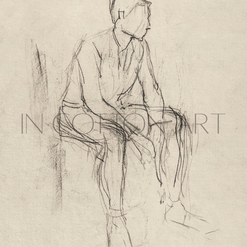 Minimalist Figure Sketch / Vintage Line Drawing PRINTABLE / Male Figure Study Art Print / Neutral Antique Wall Art Digital | D70 image 9