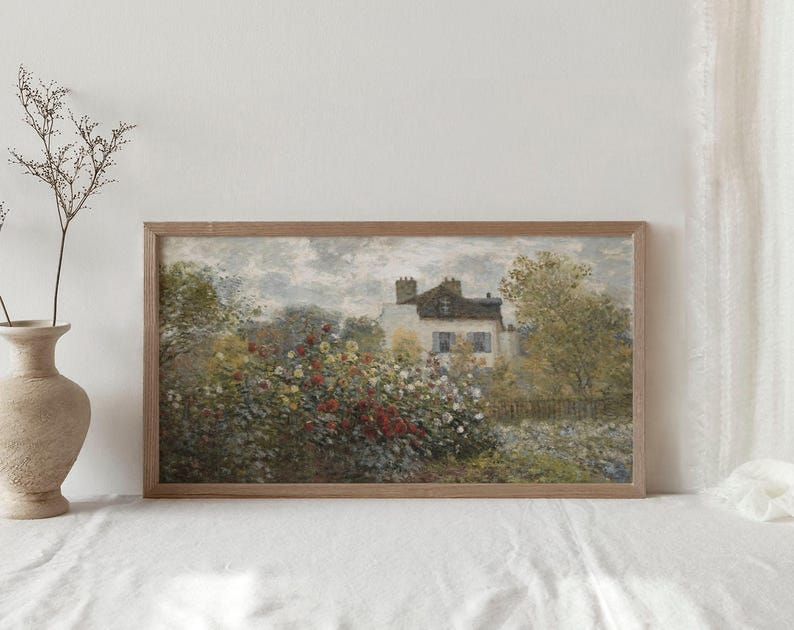 Panoramic Rustic Farmhouse Art Print / Floral Spring Wall Art / Vintage English Cottage Painting Above Bed / Narrow Oil Painting | D176 image 8