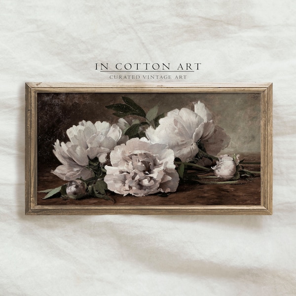 Vintage Panoramic Botanical Oil Painting / Moody Flower Art Print / White Peony Painting PRINTABLE / Narrow Wall Art DIGITAL Download | P95