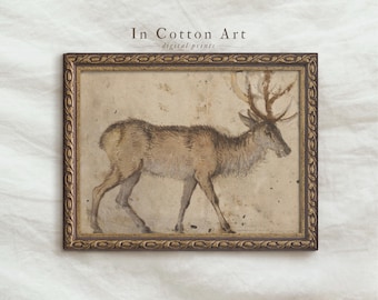 Vintage Reindeer Art Print / Winter Farmhouse Painting / Christmas Decor PRINTABLE