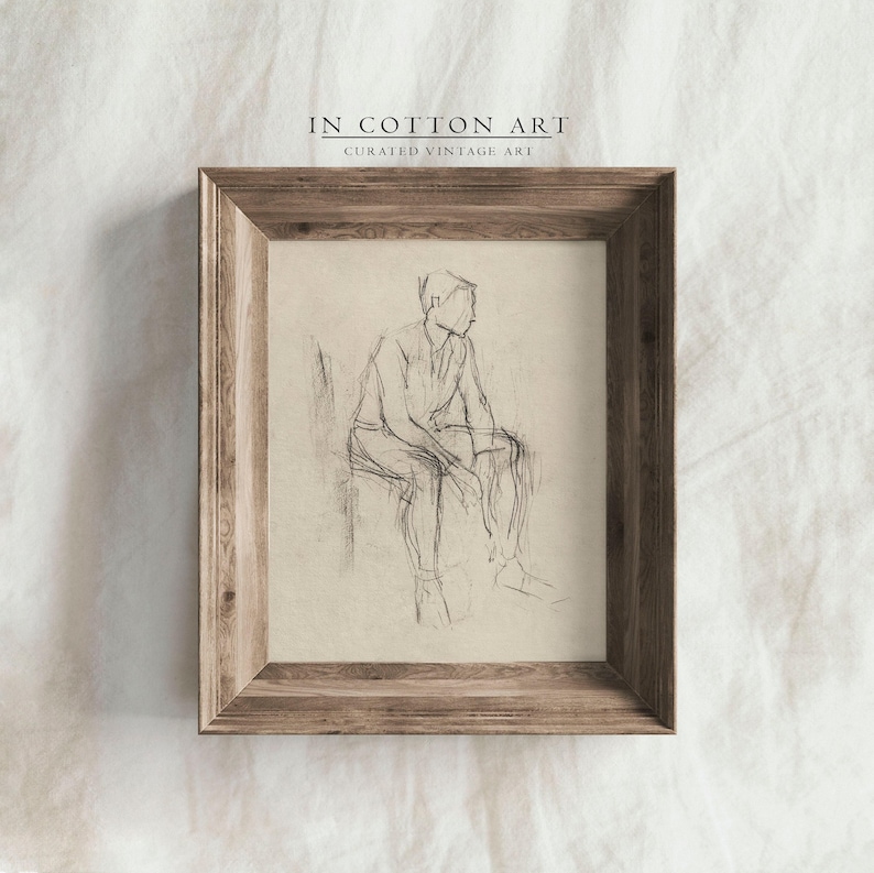 Minimalist Figure Sketch / Vintage Line Drawing PRINTABLE / Male Figure Study Art Print / Neutral Antique Wall Art Digital | D70 image 4