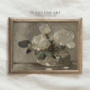 Cottagecore flower prints, Neutral flower painting, Large white roses painting, Neutral still life print, Antique roses painting | P44