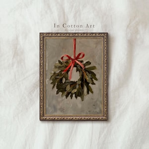 Rustic Christmas Wreath Wall Art PRINTABLE, Holiday Greenery Painting Print, Festive Red Bow Botanical Artwork, Farmhouse Winter Decor |P322