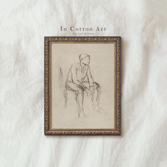 Minimalist Figure Sketch / Vintage Line Drawing PRINTABLE / Male Figure Study Art Print / Neutral Antique Wall Art Digital | D70