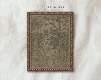 Ink sketch vintage wall art, Antique classic sketch, Farmhouse moody wall art, Vintage textile wall art print, Woodland landscape drawing