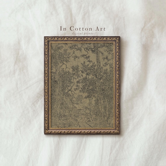 Ink sketch vintage wall art, Antique classic sketch, Farmhouse moody wall art, Vintage textile wall art print, Woodland landscape drawing