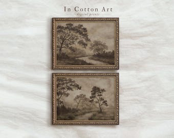 Vintage Rustic Landscape Printable Wall Art Set of 2, Countryside Tree Digital Download, Dark Forest Painting, Earthy Wall Decor | P300