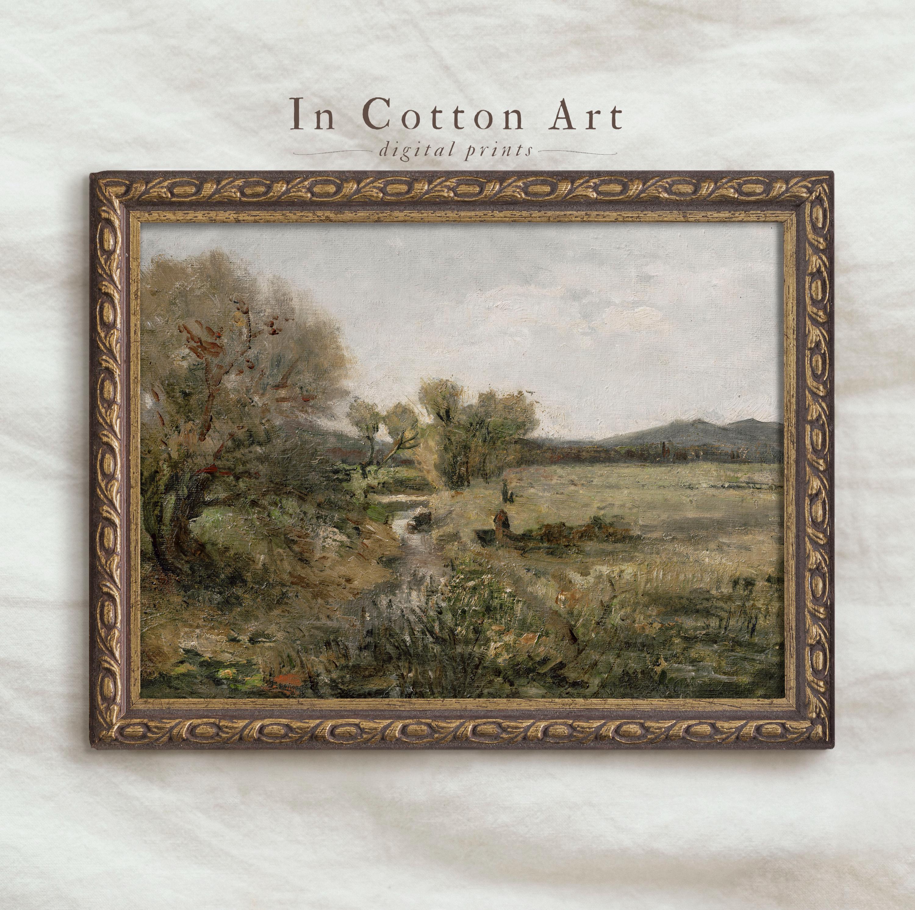 Vintage groen landschapsolieverfschilderij / Country Meadow Wall Decor AFDRUKBAAR digitaal | P81
