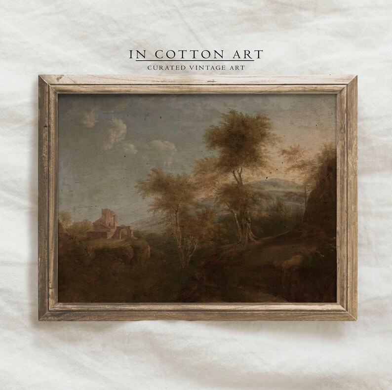 Vintage boomlandschapsschilderkunst / rustieke herfstkunstwerken / antiek huisdecor AFDRUKBAAR / warm getinte noodlijdende schilderij | P193 afbeelding 5