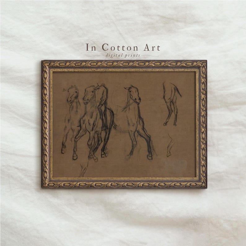 The image is a framed digital print featuring a sketch of horses in motion.