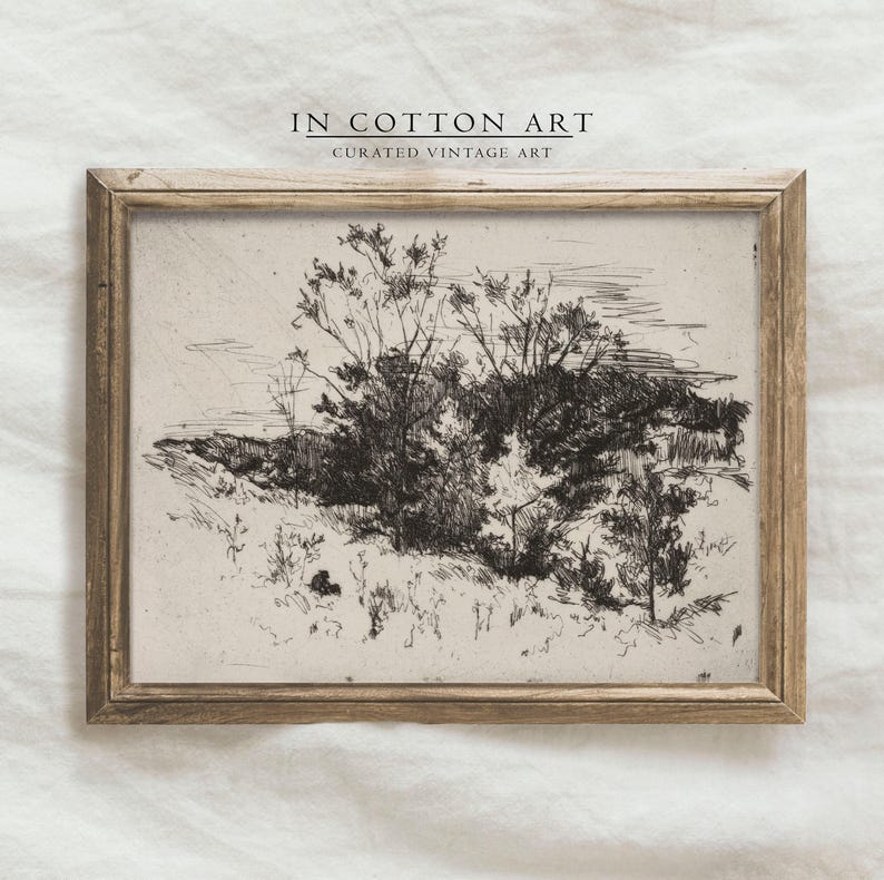 Antique Neutral Landscape Sketch PRINTABLE / Vintage Rustic Farmhouse Etching / Nature Scenery Wall Art Digital Download InCottonArt | D28 image 3