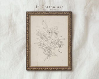 Vintage Bouquet Drawing PRINTABLE / Antique Botanical Sketch Print / Neutral Farmhouse Decor | D40