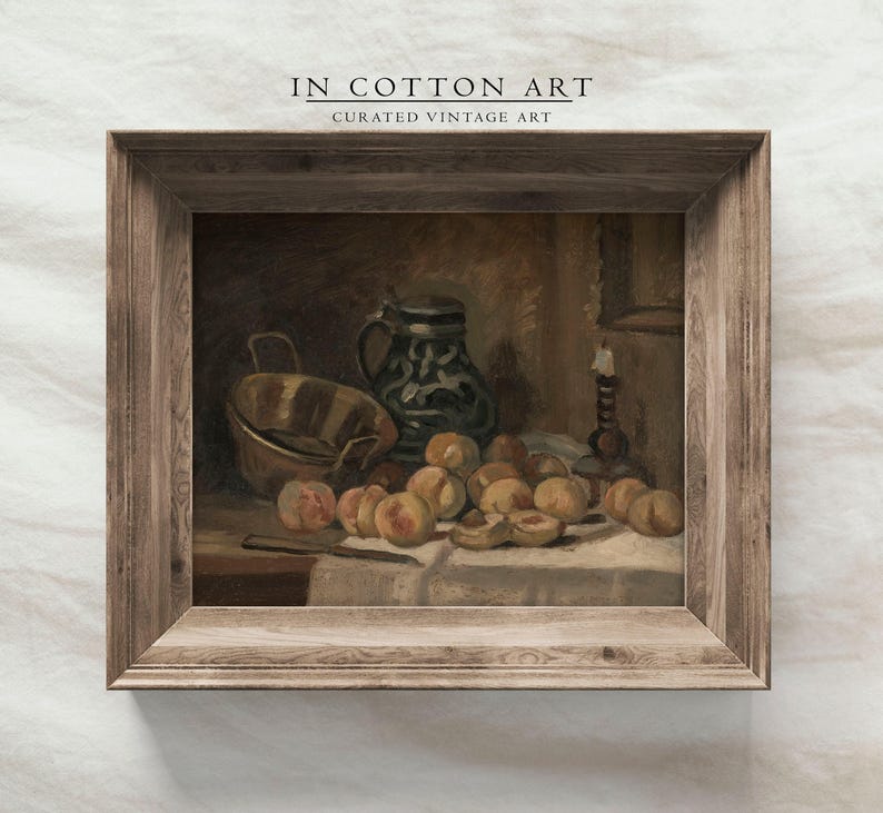 Moody Peach Still Life Oil Painting / Country Kitchen Art Print / Vintage Dark Wall Art / Farmhouse Wall Decor DIGITAL Download | P172 image 4
