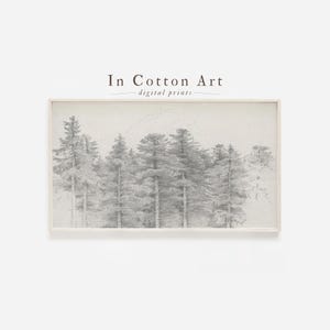 A black and white image of a forest with tall trees, framed and displayed against a plain background.