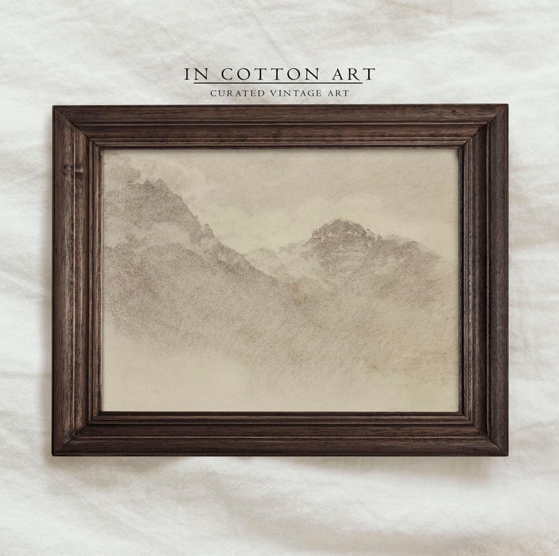 Minimalist Neutral Drawing PRINTABLE / Soft Beige Mountain Landscape Art Print / Vintage Rustic Sketch Print Digital Downloadable | D68 image 5