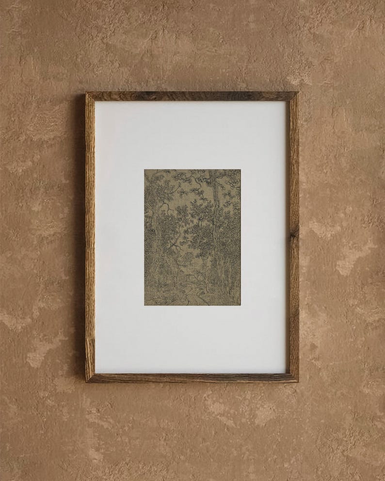 Ink sketch vintage wall art, Antique classic sketch, Farmhouse moody wall art, Vintage textile wall art print, Woodland landscape drawing image 4