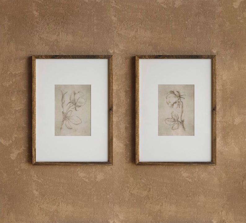 Set di 2 stampe botaniche vintage, schizzo di fiori antichi, schizzo botanico neutro, stampa di schizzo di rose, set di 2 disegni di rose, schizzo artistico immagine 3