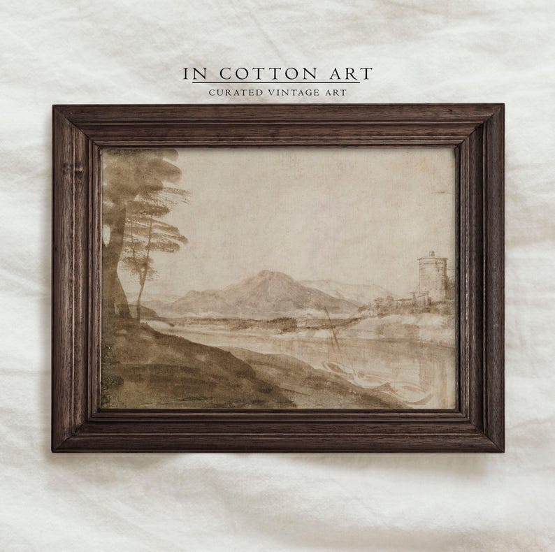 Vintage Rustic Lodge Wall Art / Peaceful Riverside Watercolor Painting / Muted Neutral Landscape PRINTABLE Digital | P180 image 4