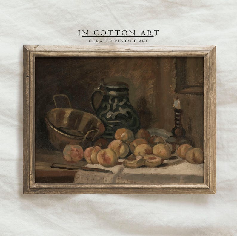 Moody Peach Still Life Oil Painting / Country Kitchen Art Print / Vintage Dark Wall Art / Farmhouse Wall Decor DIGITAL Download | P172 image 3