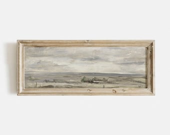Large vintage seascape painting, Panoramic seascape above bed, Muted coastal print, Panoramic seascape oil painting, Large narrow wall art