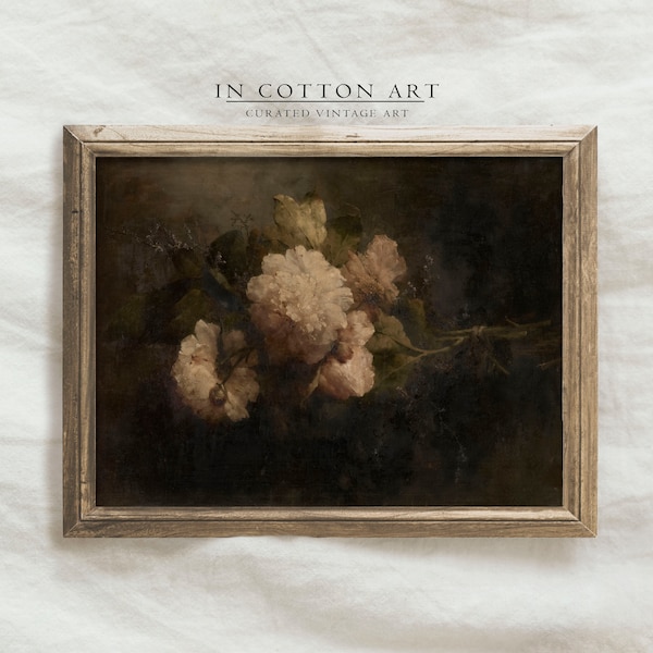 Moody Floral Oil Painting PRINTABLE / Dark Vintage Still Life Print / Antique Peony Bouquet Art Print  | P144