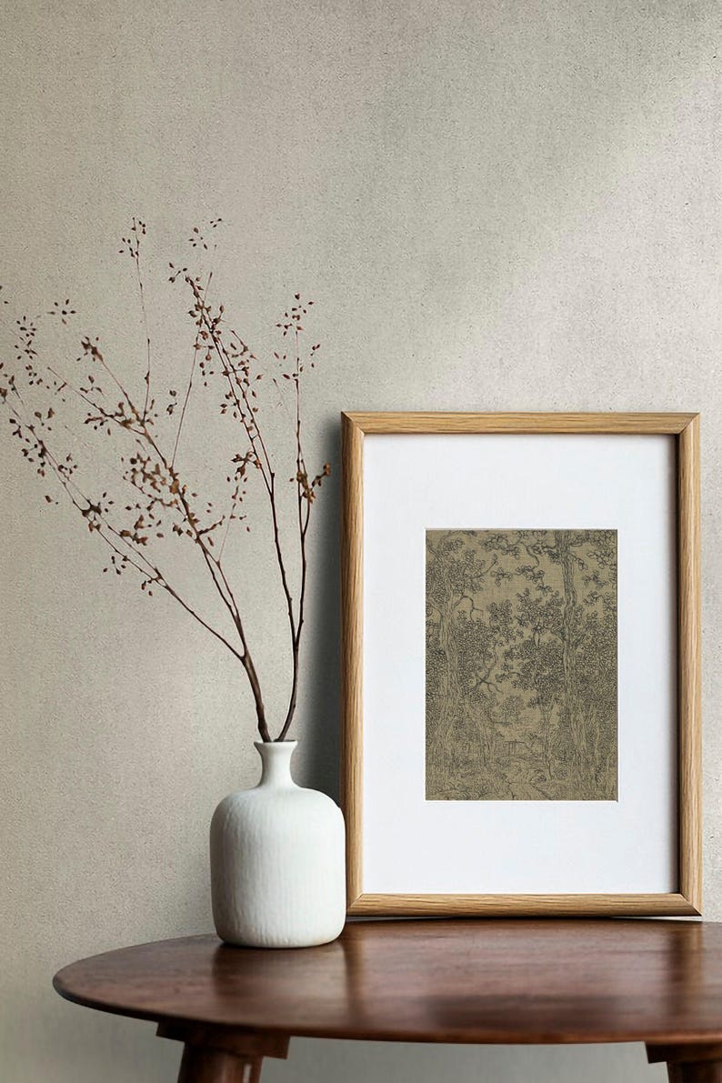 Ink sketch vintage wall art, Antique classic sketch, Farmhouse moody wall art, Vintage textile wall art print, Woodland landscape drawing image 6