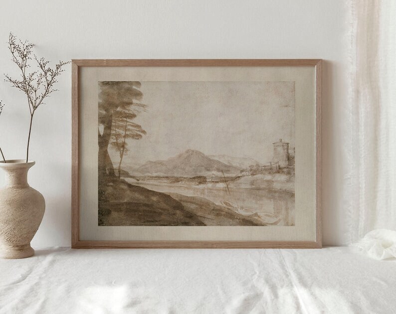 Vintage Rustic Lodge Wall Art / Peaceful Riverside Watercolor Painting / Muted Neutral Landscape PRINTABLE Digital | P180 image 7