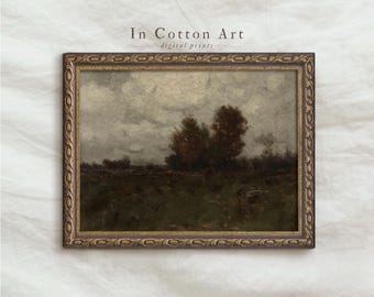 May include: A framed landscape painting with a vintage aesthetic. The artwork depicts a field with trees under a cloudy sky. The frame is ornate with a gold finish. The text "In Cotton Art" is visible.