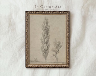 Vintage Beige Tree Drawing Digital Download / Antique Neutral Sketch Print / Rustic Tree Etching PRINTABLE | D64