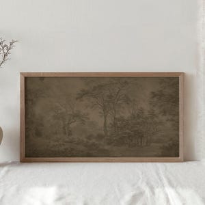 Antieke humeurige donkere bosrijke kunstprint / vintage moderne abstracte bosschildering / panoramisch rustiek landschapsmuurkunst boven bed | P150 afbeelding 8