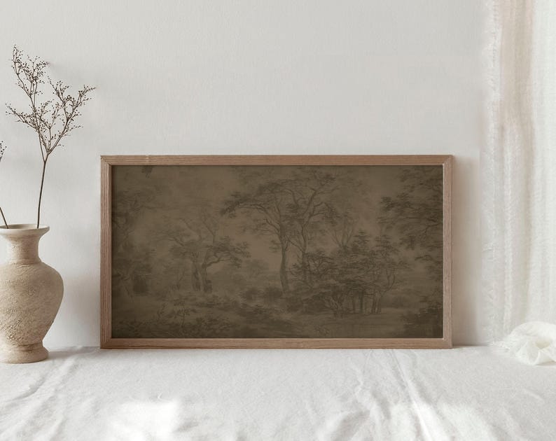 Antieke humeurige donkere bosrijke kunstprint / vintage moderne abstracte bosschildering / panoramisch rustiek landschapsmuurkunst boven bed | P150 afbeelding 8