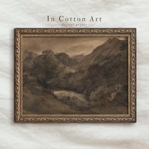 Vintage Moody Watercolor Landscape / Brown Dark Painting PRINTABLE / Antique Scenery Drawing | P135