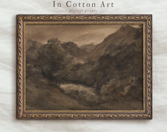Vintage Moody Watercolor Landscape / Brown Dark Painting PRINTABLE / Antique Scenery Drawing | P135