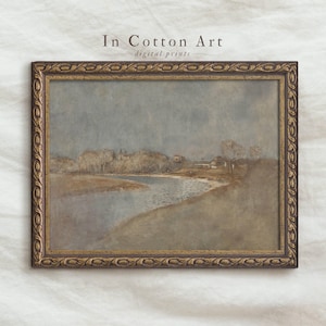 Vintage River Landscape Wall Art in Muted Beige Blue Tones / Neutral Earthy Art Print / Antique Nature Scenery Art PRINTABLE | P207