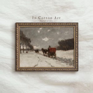 Victoriaanse winterkoets Art Print, besneeuwd landschap vakantie kunst aan de muur, humeurig seizoensschilderij | P350