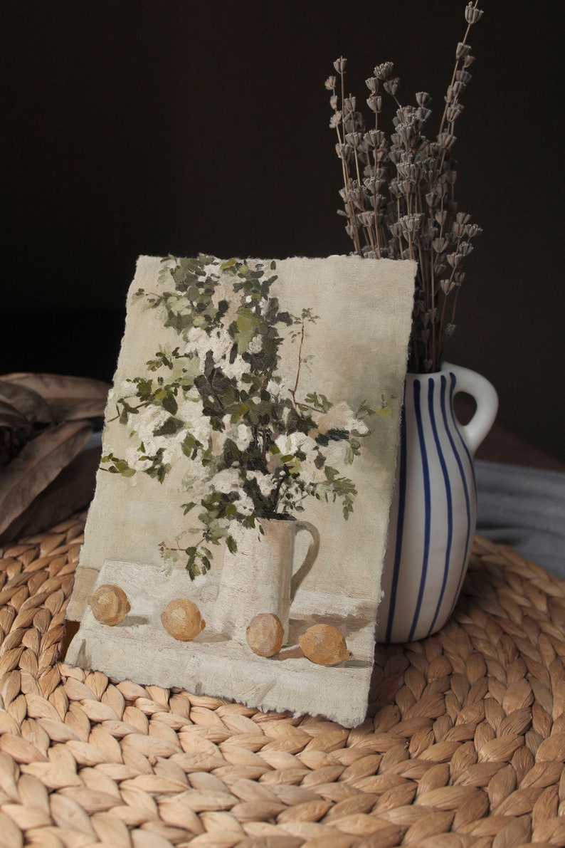 Neutral Still Life Oil Painting / White Flower Vase Art Print / Vintage Farmhouse Kitchen Art PRINTABLE P147 image 5