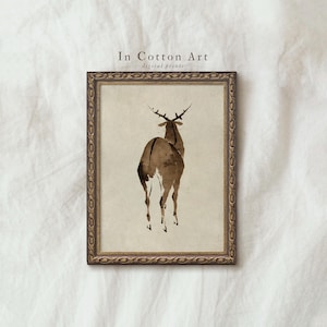 Cuadro rústico de ciervos / Impresión navideña vintage neutra / Arte digital antiguo imprimible / P14