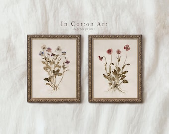 Juego de 2 láminas decorativas botánicas de flores prensadas para pared, descarga imprimible de flores silvestres vintage, arte de pared de estilo rústico francés, decoración de herbario natural / P303