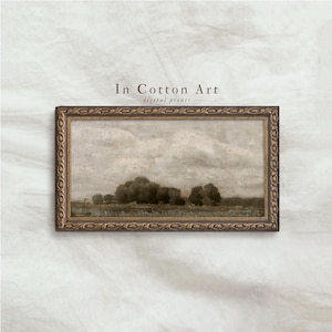 パノラマヴィンテージグリーン風景画（印刷可能）/アンティーク風景油絵/細長い農家風ウォールアート | P115