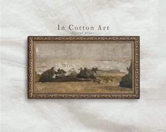 Neutral Panoramic Landscape Oil Painting / Narrow Print Above Bed / Tonal Wall Art PRINTABLE | P92